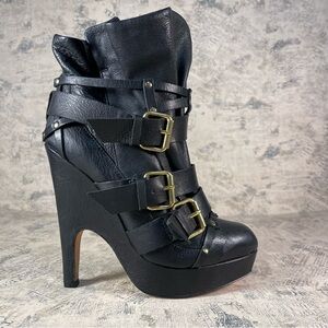 Dolce Vita bondage triple buckles and studs platform black leather ankle boots